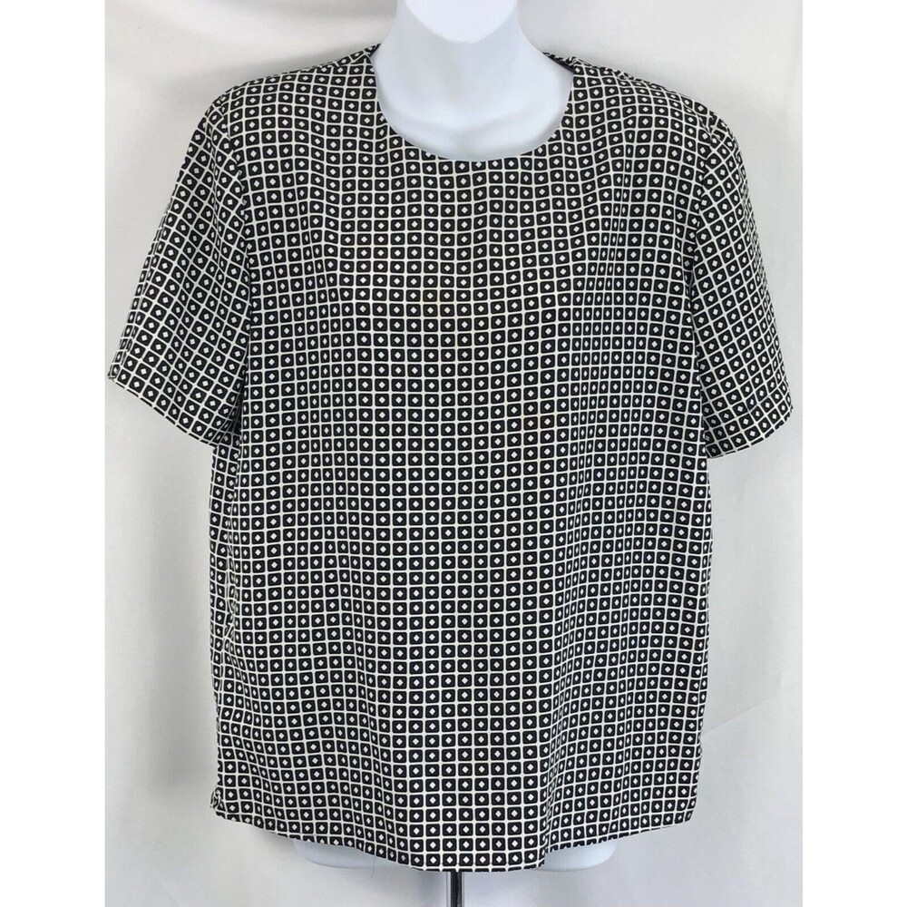 Vintage notations silky top M Blk Wht Geometric Career Office Retro 90s Y2K